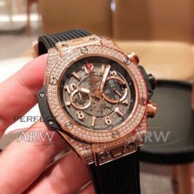 Perfect Replica Hublot Big Bang Rose Gold Diamond Case Hollow Face 43mm Watch